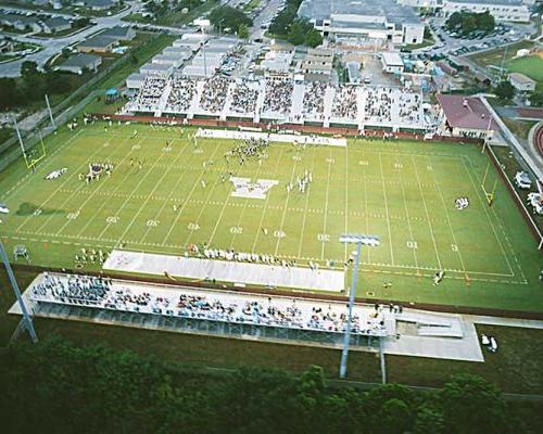 Aerial photo of Astronaut High School War Eagle Stadium during football game