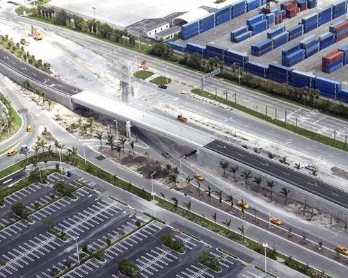 Arial landscape photo of Port of Miami. Roadwork under construction. New bridge.